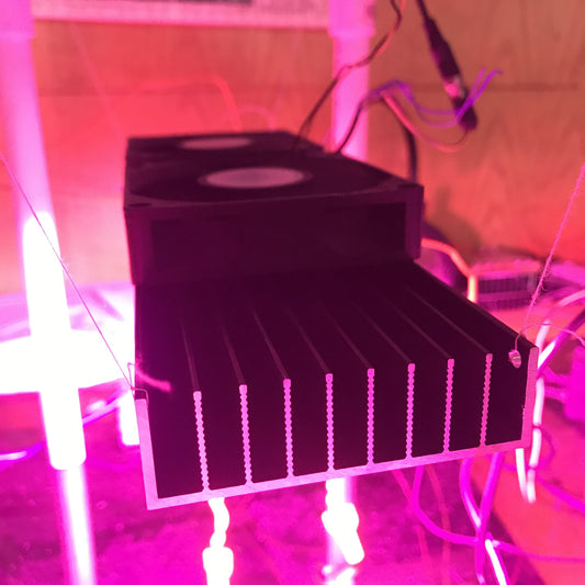2 LEDS COB de 50W en Disipador de 7.6cm x 29.5cm. Disipación Activa y Pasiva