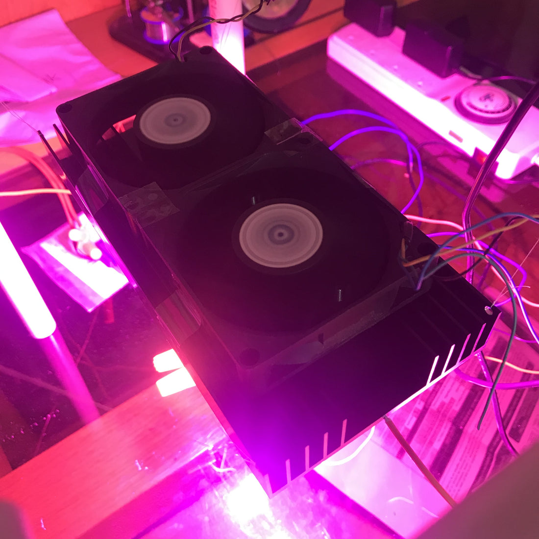 Prueba con 2 Ventiladores de 40CFM y 2 LEDs COB de 50W. Disipador de 10cm de ancho